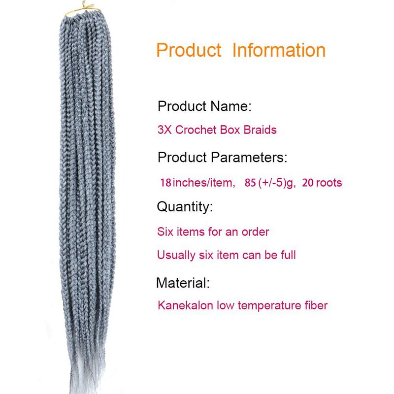 Mayloss 6 Packs/Lot (14/18/24/30) inch 1cm 20 Strands/Pack Thin 3X Box Braid Crochet Hair Extensionin Diameter 3X Synthetic Braid Hair Extensions Crochet Braids Hair Color(18Inch Grey)