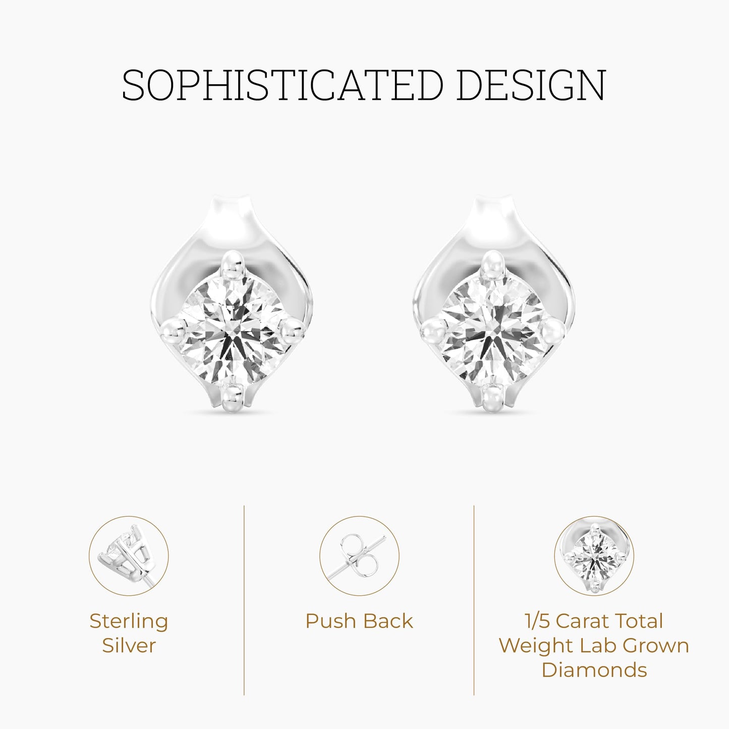 Gilded 1/5 ct. T.W. Round Lab Diamond Stud Earrings for Women | 925 Sterling Silver Studs | Hypoallergenic Fine Jewelry | 4-Prong Basket, Push Back Nut | SI1 Clarity, F Color, Round Cut