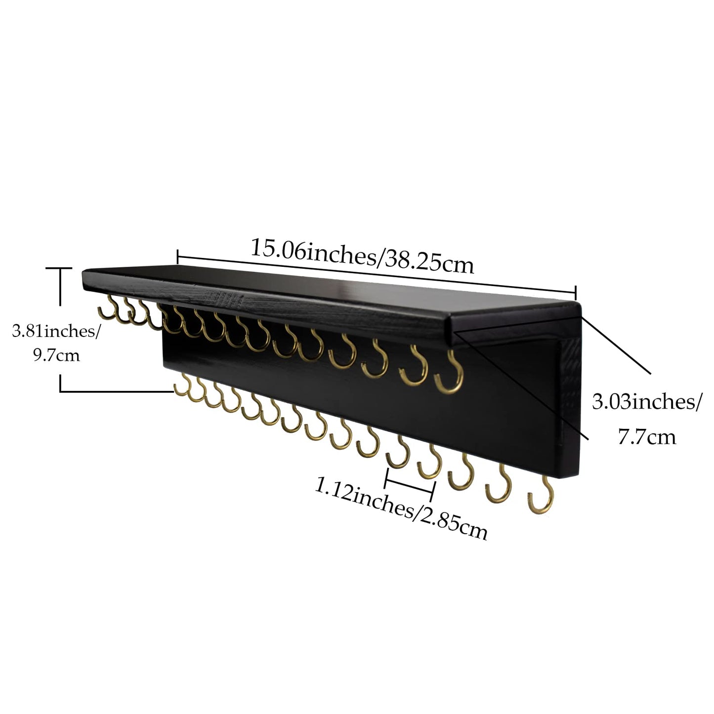 SANY DAYO HOME Black Necklace Holder Jewelry Organizer with 30 Hooks, 15 x 3 x 4 inches Wall Mount Rustic Pine Wood Shelf for Necklace, Hair Bow Storage