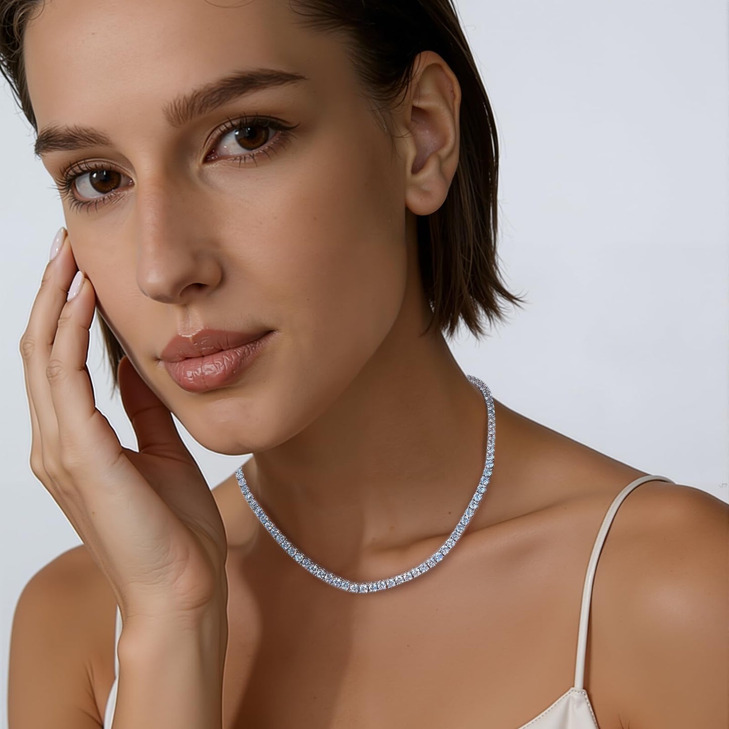 Gemsme 4.0mm CZ Tennis Necklace, 18K White Gold Plated 4.0mm Round Cubic Zirconia Classic Tennis Necklace 16 Inch