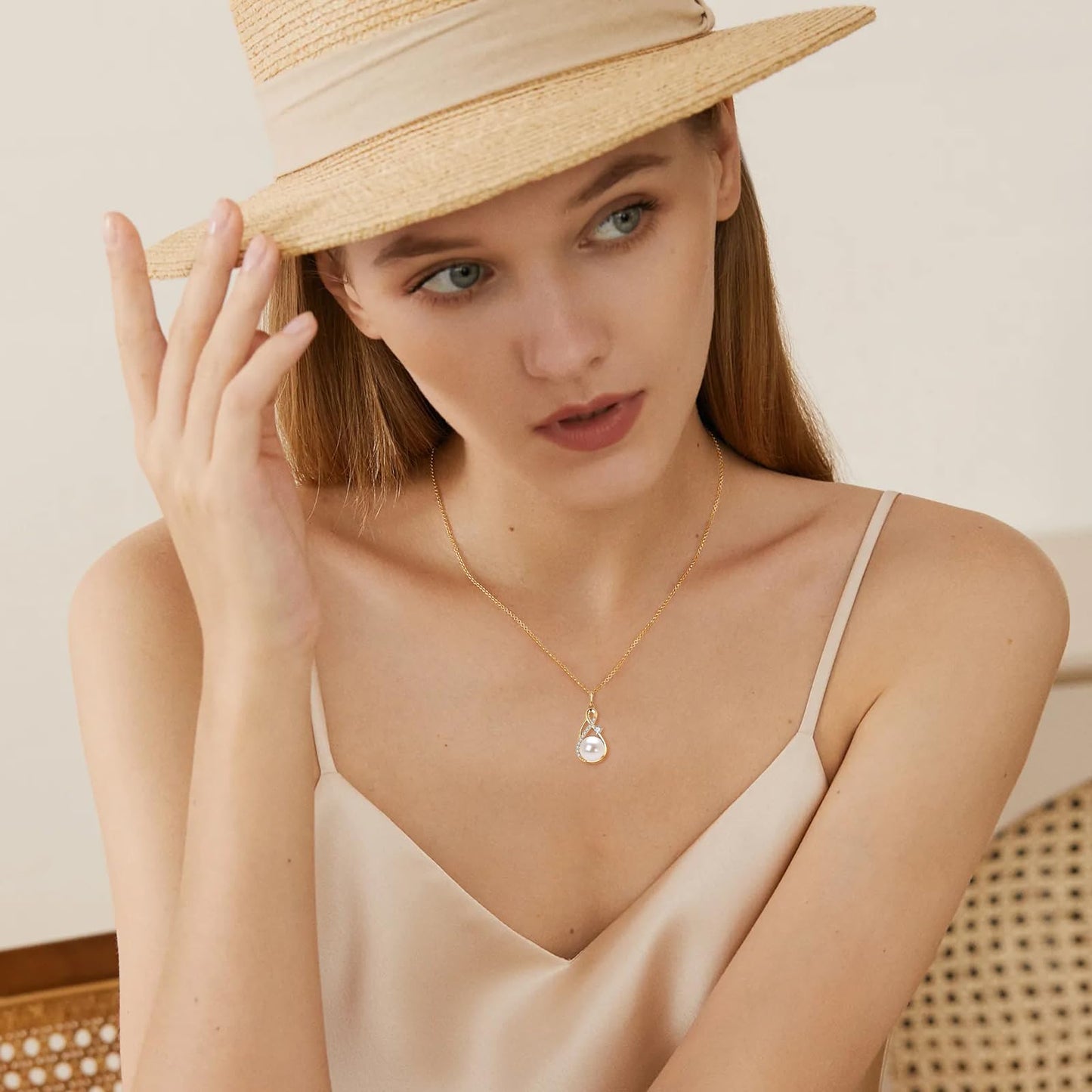 DENGGUANG Freshwater Pearl Pendant Necklace for Women, 14K Gold Plated Infinity Single Pearl Necklace with Moissanite, 925 Sterling Silver Adjustable Chain, Mothers Day Gifts for Mom