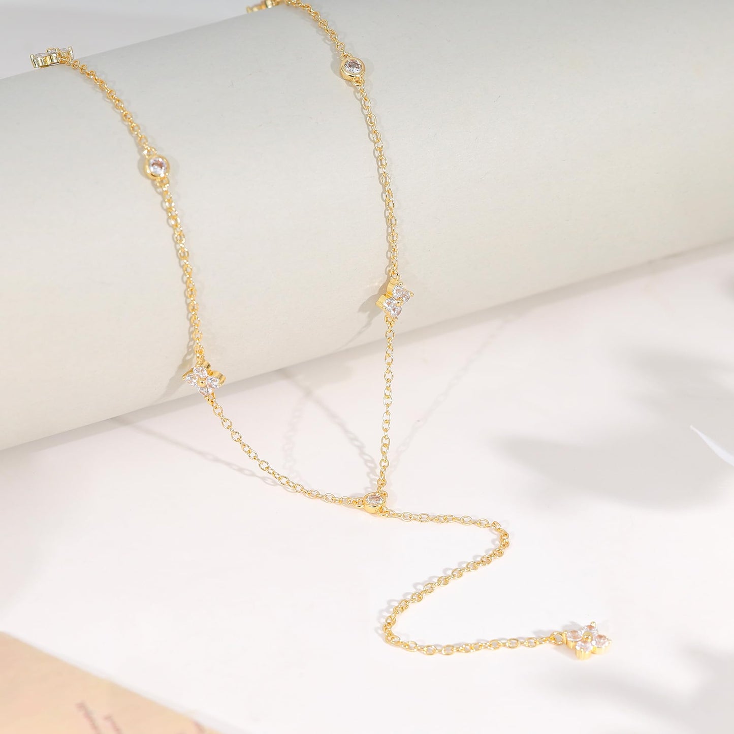 FUCJOEE Long Necklaces for Women Trendy - 14K Gold Plated CZ Clover Lariat Necklace Dainty Y Shaped Drop Necklace Cute Gold Choker Necklace for Women Party Prom Jewelry Teen Gifts