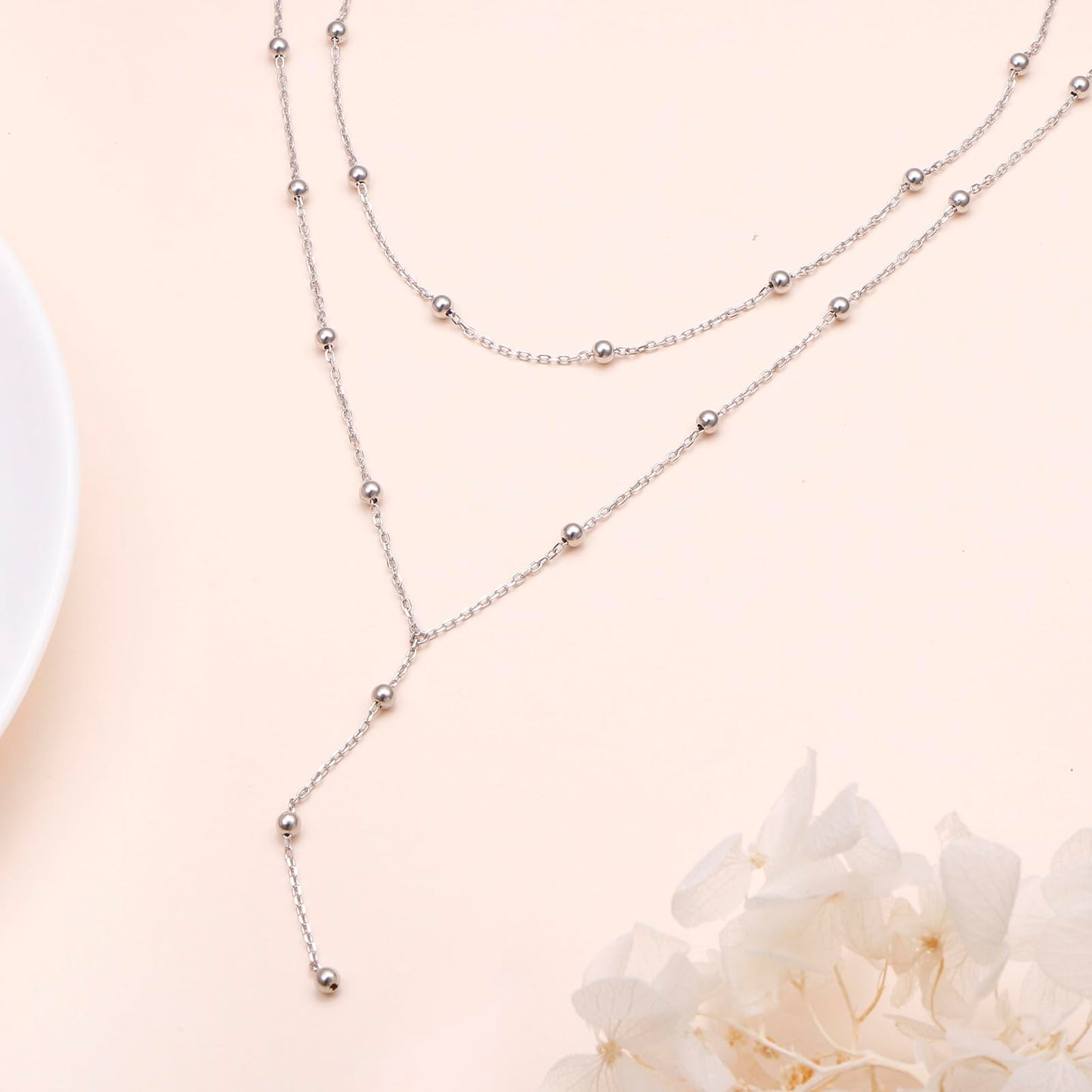 FLYOW Layered Necklace for Women Sterling Silver Beaded Double Trendy Layered Choker Y Lariat Long Necklace Dainty Mothers Day Valentine's Day Birthday Gift for Ladies