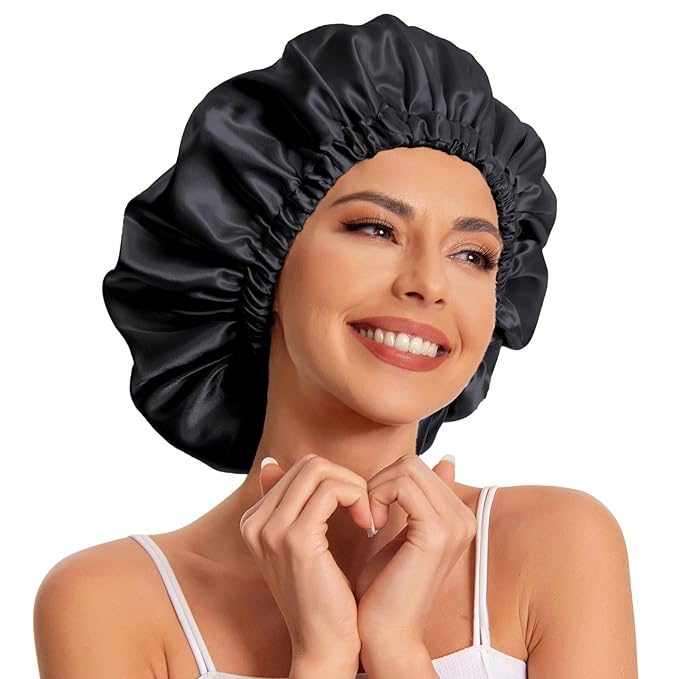 Satin Bonnet Silk Bonnet Hair Bonnet for Sleeping-Slouchy Beanie Hat Satin Sleep Cap for Women's Natural & Curly Hair(Black&Dark Pink)
