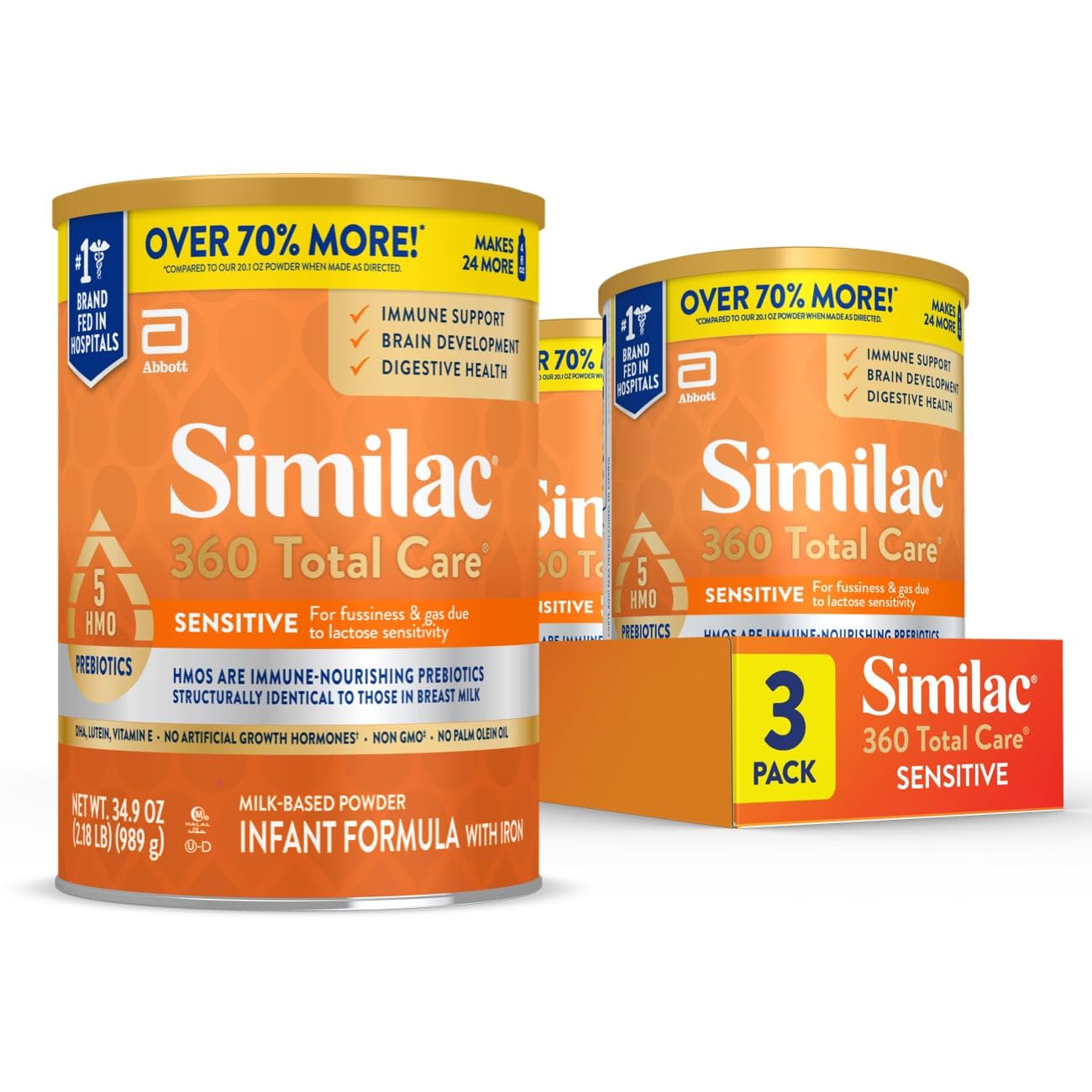 Similac 360 Total Care Sensitive Infant Formula for Fussiness & Gas Due to Lactose Sensitivity, Has 5 HMO Prebiotics, Baby Formula Powder, 34.9-oz Value Can, Pack of 3