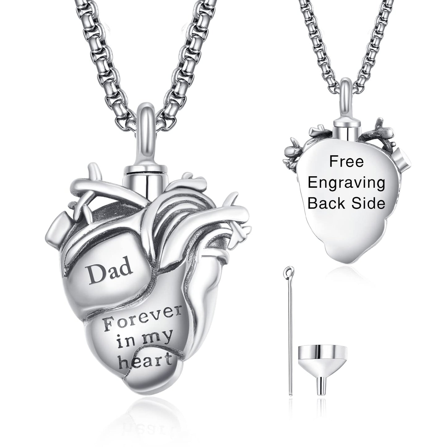 Personalized Anatomical Heart Urn Necklaces for Ashes Sterling Silver Ash Pendants Cremation Jewelry Dad Keepsake Pendant Memorial Jewelry Gifts for Loss of Dad