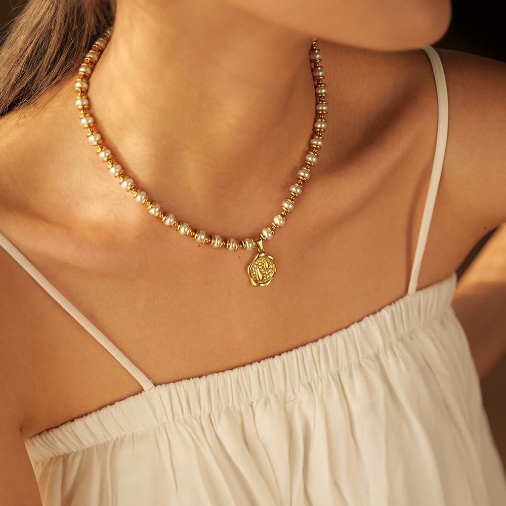 White Pearl Beaded Necklace Choker for Women 18K Gold Plated Stainless Steel Teardrop Coin Pendant Necklace Handmade Button Pearl Strand Vintage Jewelry 16’’