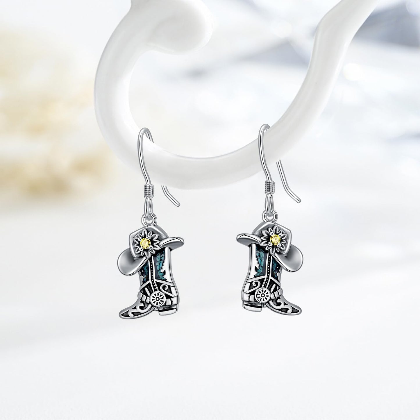 KoyeKei Cowboy Boot Earrings for Women 925 Sterling Silver Cowgirl Hat Texas Boot Dangle Drop Earrings Western Turquoise Cowboy Carter Jewelry Country Boho Gifts for Daughter Wife