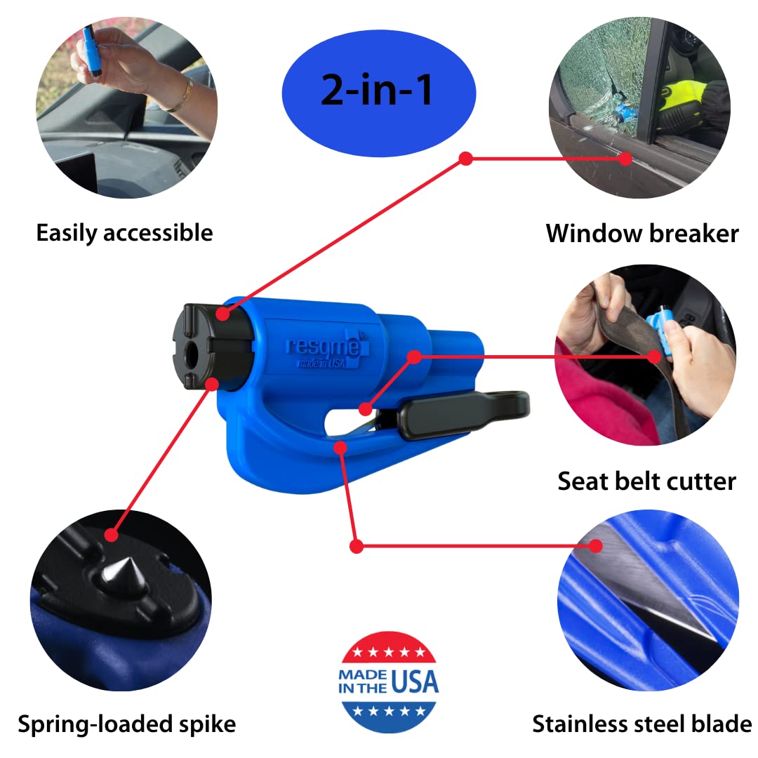 resqme The Original Emergency Keychain Car Escape Tool, 2-in-1 Seatbelt Cutter and Window Breaker, Made in USA, Family Pack of 3, Red, White, Blue - Compact Emergency Hammer