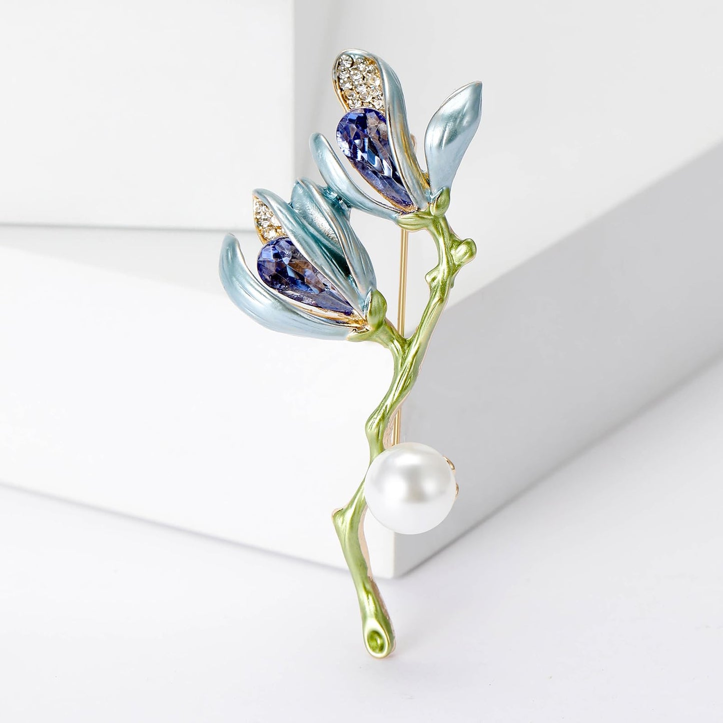 Vcagirest Exquisite Magnolia Flower Brooches for Women Rhinestone Brooches Lapel Pins Birthday Holiday Gift for Wife Mother