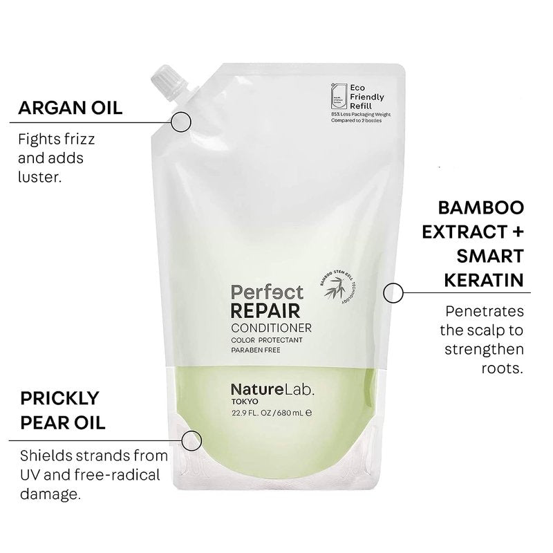 NatureLab.TOKYO Perfect Repair Conditioner - Lightweight Conditioner for Damaged, Color-Treated Hair - Penetrates Roots and Revitalizes & Restores Strands - Japanese Hair Care - Refill Pouch, 22.9oz