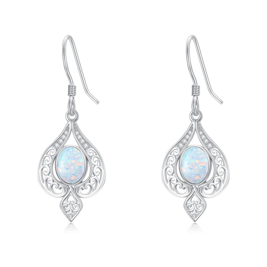 925 Sterling Silver White Opal Dangle Earrings for Women Vintage Opal Hook Earrings with Genuine Diamond for Birthday Mother's Day