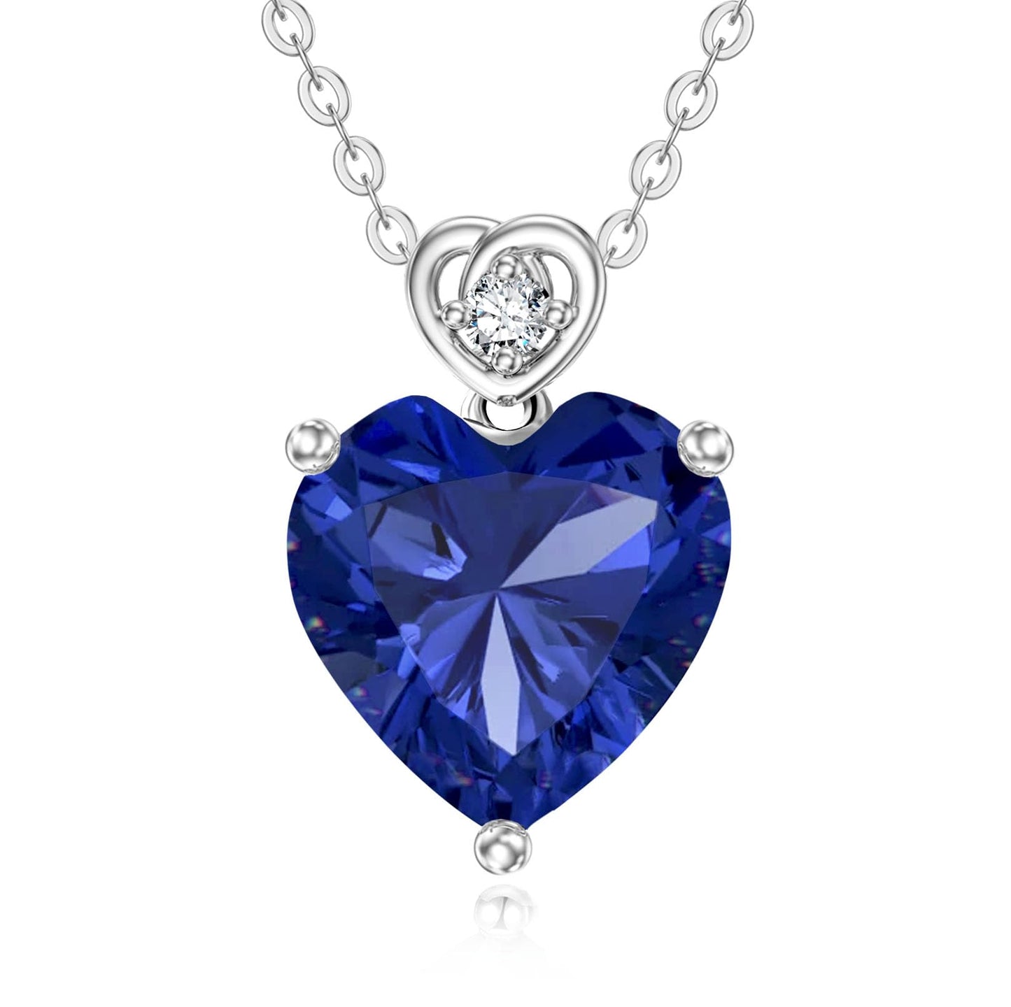 NFYBD 14k White Gold Love Heart Blue Sapphire Birthstone Pendant Necklace for Women 3 Carat Heart-cut Created Gemstone Anniversary Birthday Mother's Day Necklaces for Her-sept