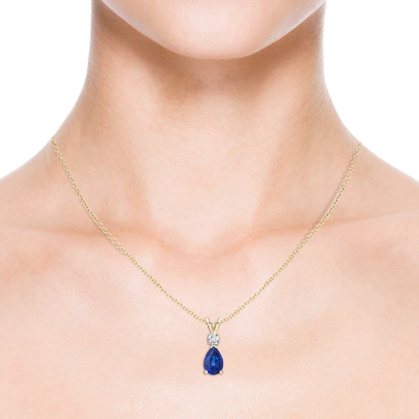 Angara Natural Blue Sapphire Solitaire Pendant for Women | Prong-Set Blue Sapphire Teardrop V-Bale Pendant with Diamond in Yellow Gold | September Birthday, Gemstone Jewelry Gift | AAA | 6x4mm
