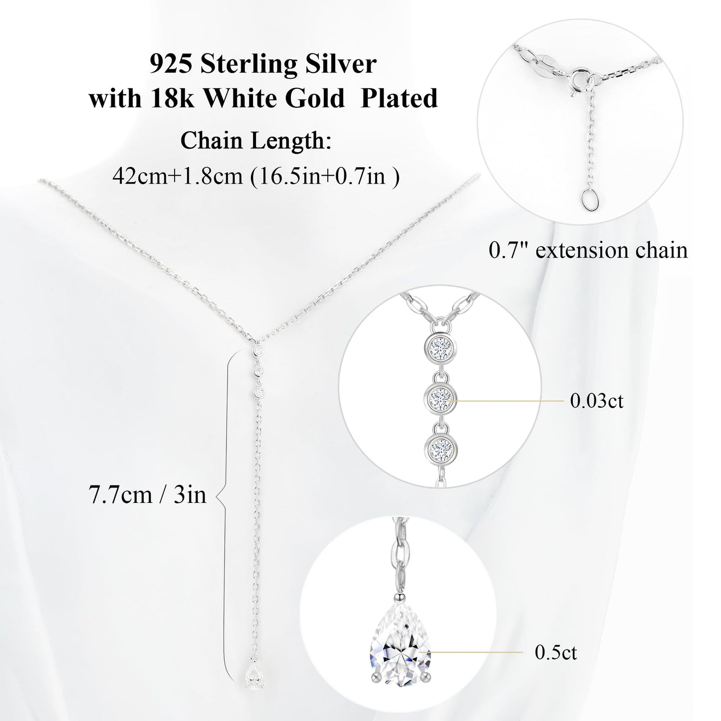 TWTWIO Moissanite Pendant Necklace for Women, D Color VVS1 Clarity 0.59CT S925 Sterling Silver Lariat, 18K White Gold Plated, Valentine's Day Jewelry Gift for Her