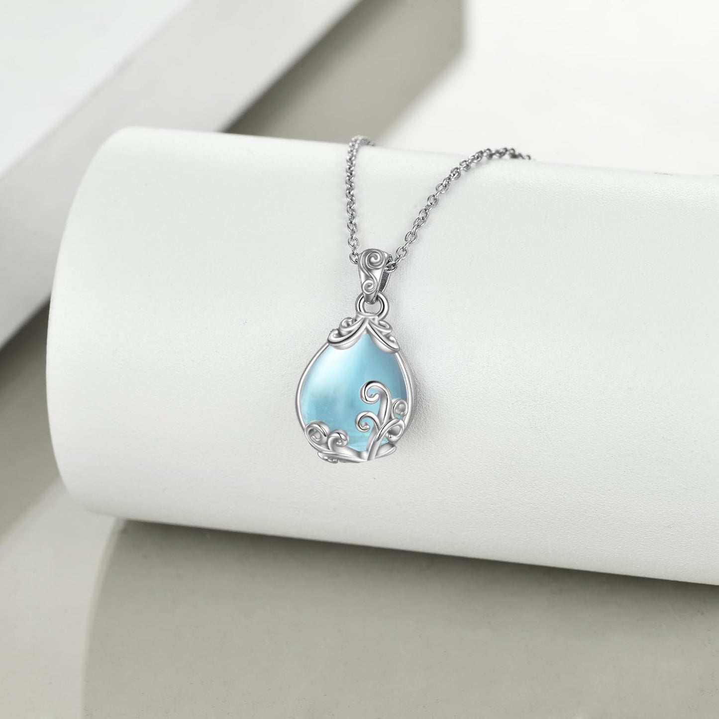 POPLYKE Sterling Silver Aquamarine Filigree Teardrop Pendant Necklace Gemstone Crystal Jewelry for Women