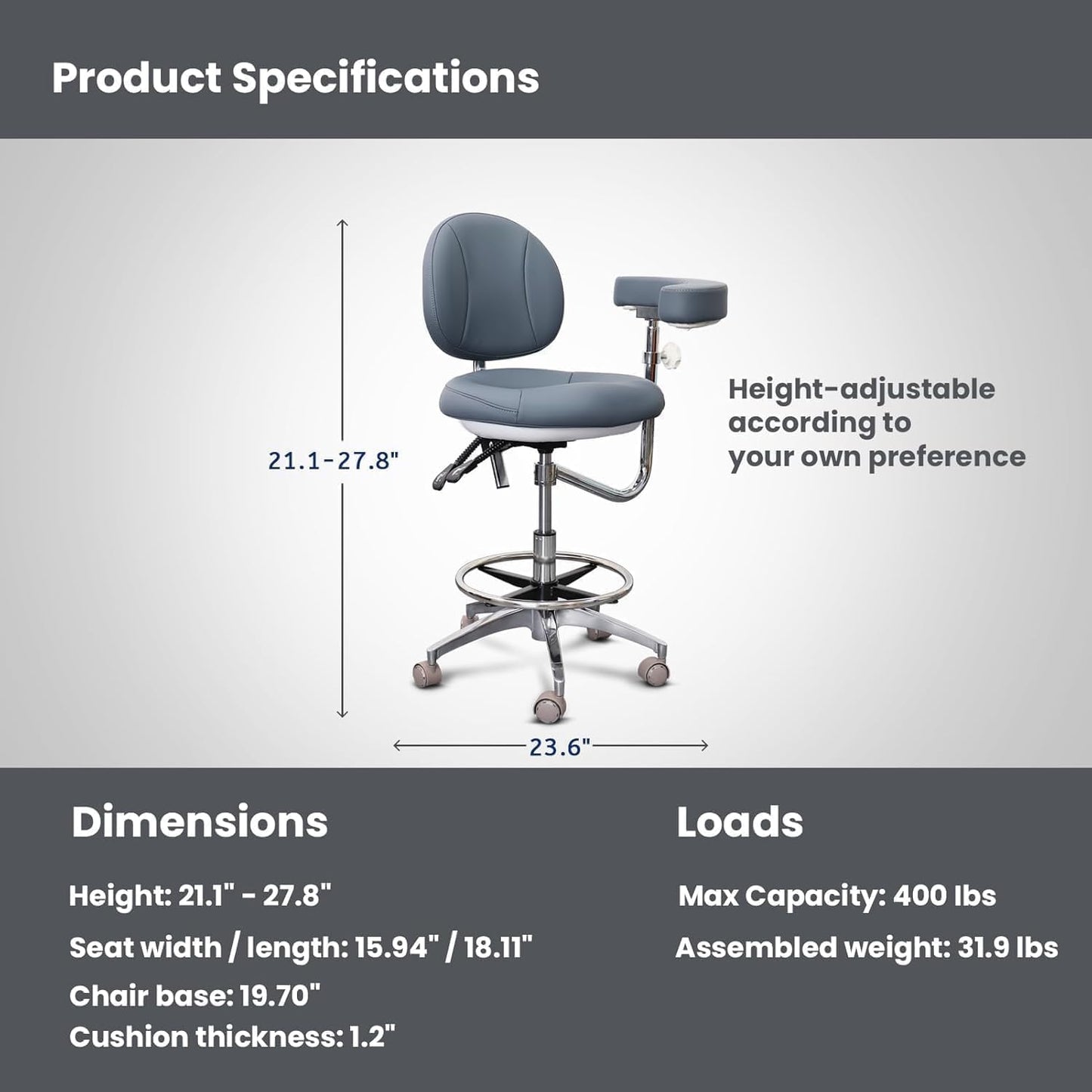 Medical Dental Assistant Chair with Rotatable Armrest Rolling Medical Chair Ergonomic Swivel Seating Back Support Dentist Stool for Clinics, Dental Offices, Labs-Gray