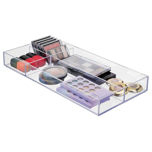 mDesign Plastic Divided Makeup Organizer Holder Tray for Bathroom Drawer, Vanity, Countertop Storage - Cosmetic Organization Holds Palettes, Brushes, Accessories - Lumiere Collection - Clear