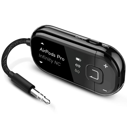 Avantree Voyager - Airplane Bluetooth Adapter for Headphones & AirPods, Bluetooth 5.4 with Latest Auracast & OLED Display, Qualcomm Chip, aptX Adaptive, Wireless Audio Transmitter for Travel & Flight