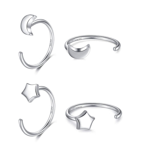 925 Sterling Silver Moon Star Hoop Earrings for Women Crescent Moon Hug Half Open Huggie Earrings Set 2 Pairs