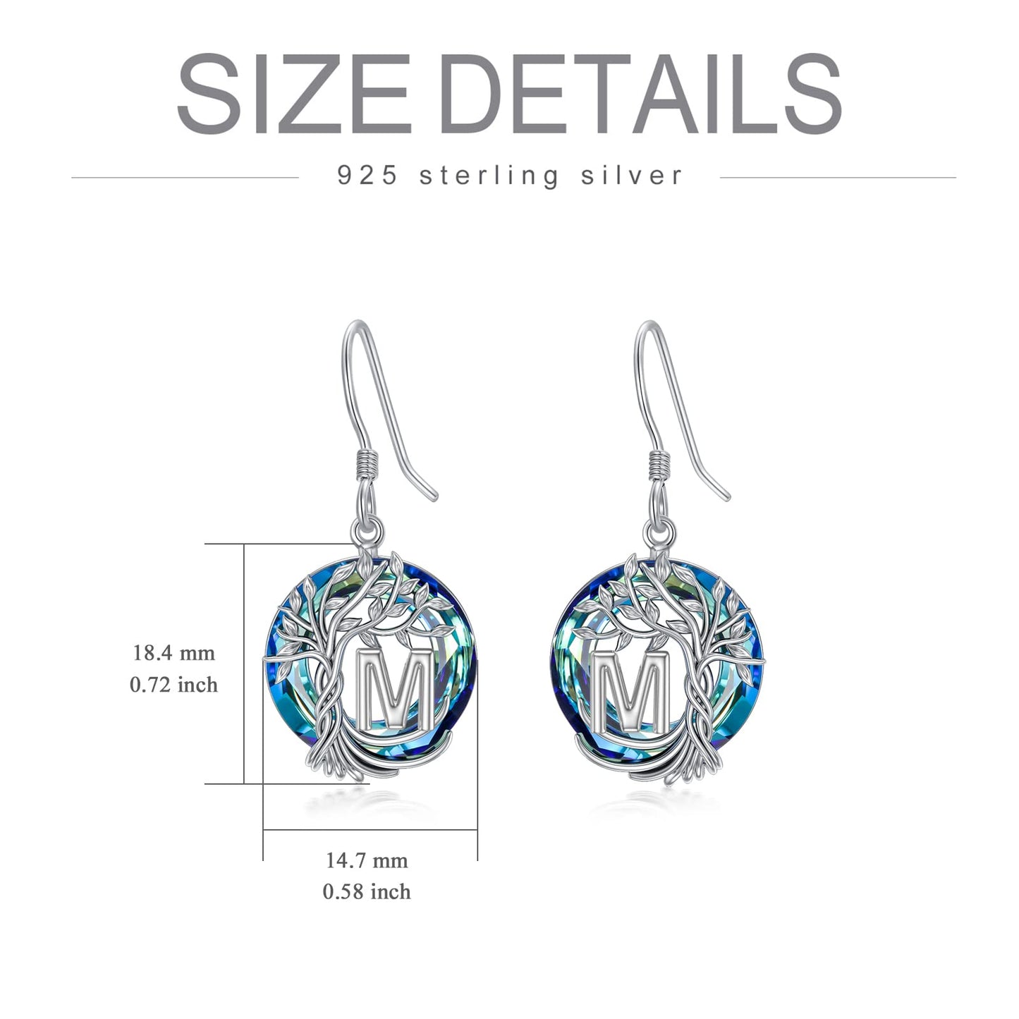 TOUPOP Tree of Life Initial Earrings Sterling Silver Initial M Letter Drop Dangle Earrings Blue Circle Crystal Family Tree Jewelry Birthday Mothers Day Gifts for Women Mom Her