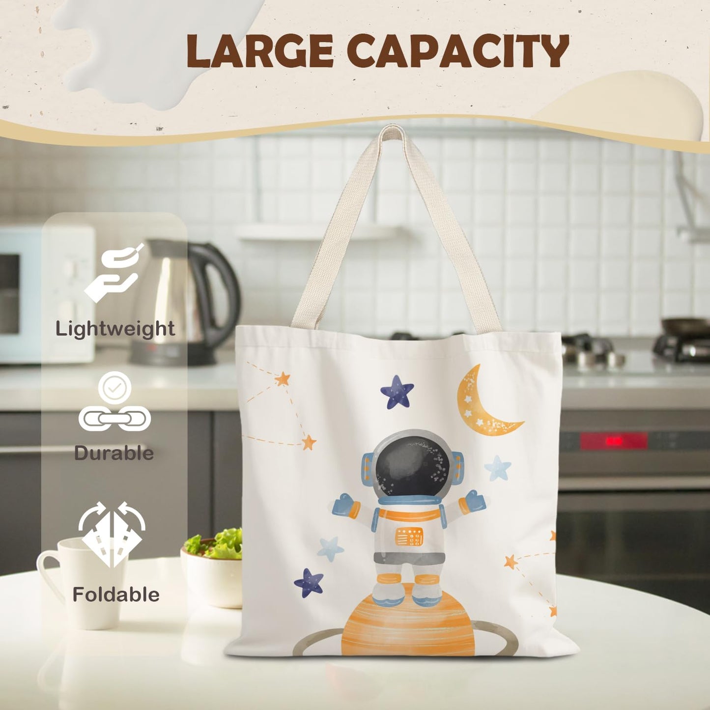 URLLUAE Space Gifts Tote Bag, Cute Astronaut Planet Canvas Tote Bag, Space Themed Gifts for Lovers Women, Reusable Grocery Bags Shopping Bag