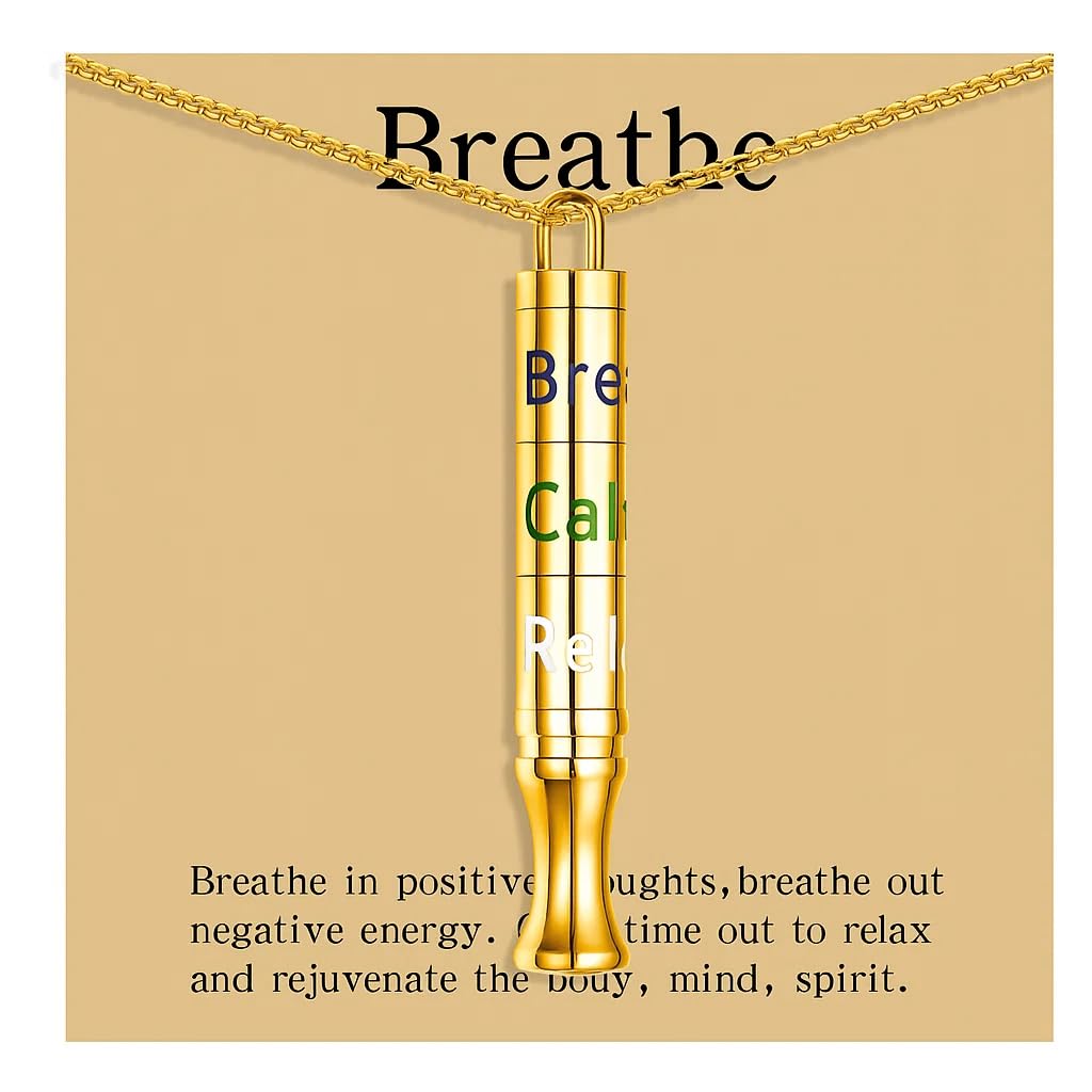 Fidget Necklace with Spinning Calm, Breathe, Relax Charms - Sensory Anxiety Relief & Deep Breathing Aid Stainless Steel Necklaces for Women Men (Gold)