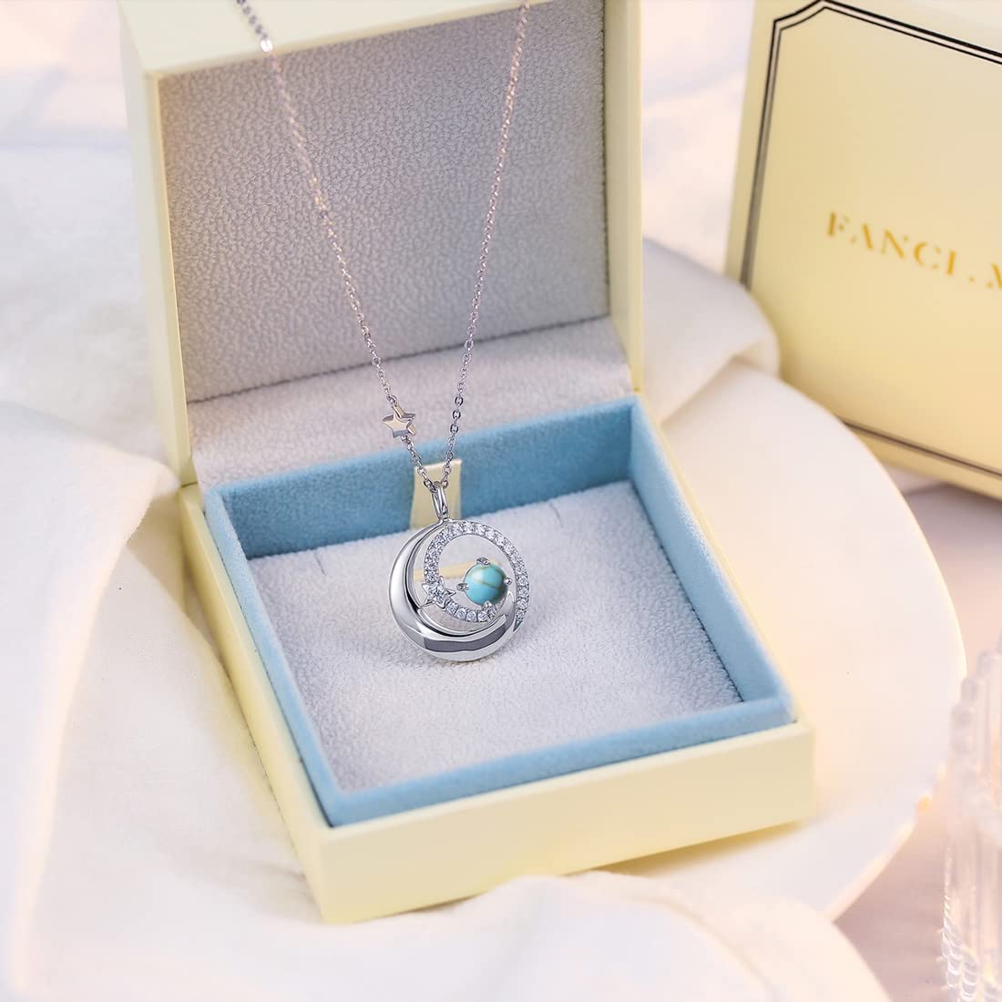 FANCIME December Birthstone Necklaces with Moon Star Pendant, Turquoise 925 Sterling Silver Fine Jewelry Birthday Anniversary Mothers Day Gifts for Women Mom Daughter, Adjustable Chain 16"+2"