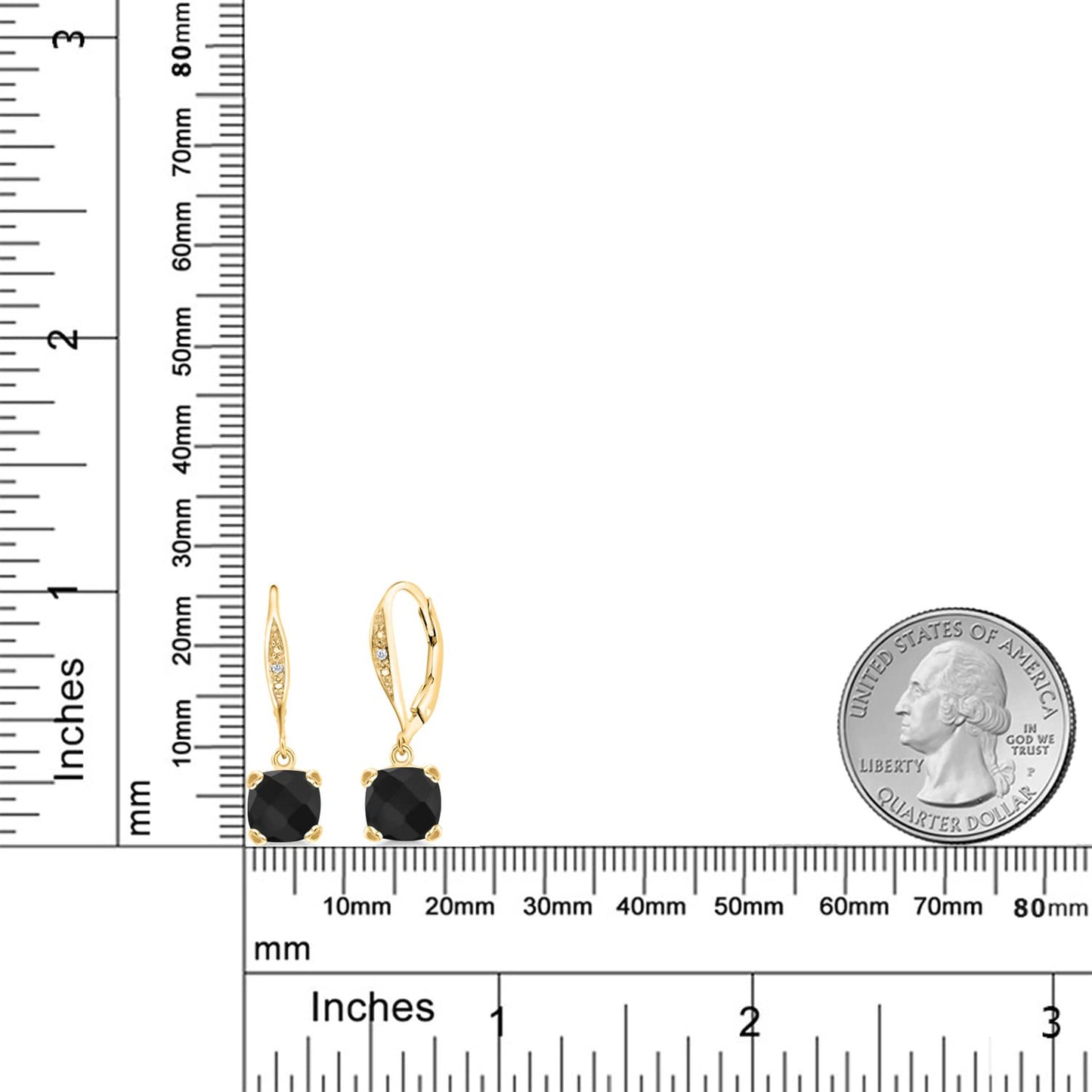 Gem Stone King Drop Dangle Earrings For Women | 7MM Cushion Cut Gemstone Birthstone and Diamond | 925 Sterling Silver | Jewelry Gift for Mom Wife Her | Onyx-Checkerboard-December | Yellow Gold