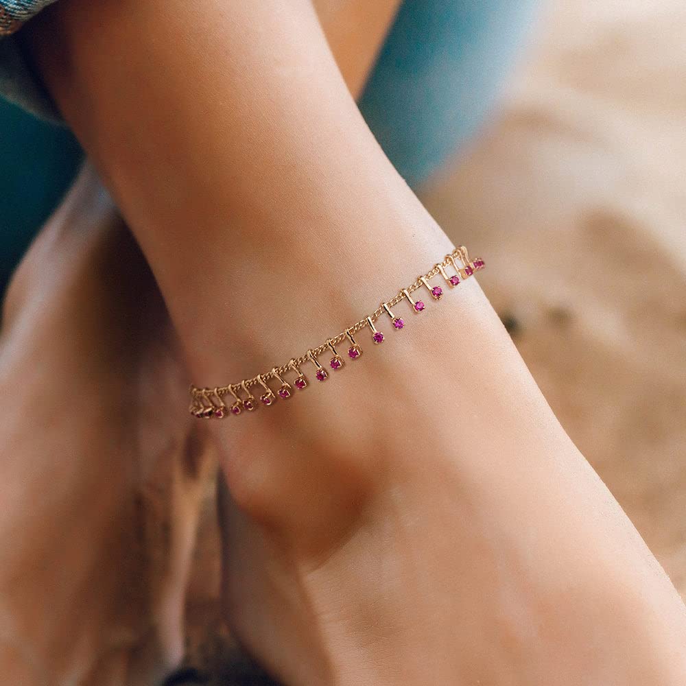 MTMY Gold Anklets for Women 14K Gold Plated Green Rose Colorful Cubic Zirconia Tassel Foot Chain Dainty Cute Summer Beach Boho Anklets Jewelry Gift (nano-rose)