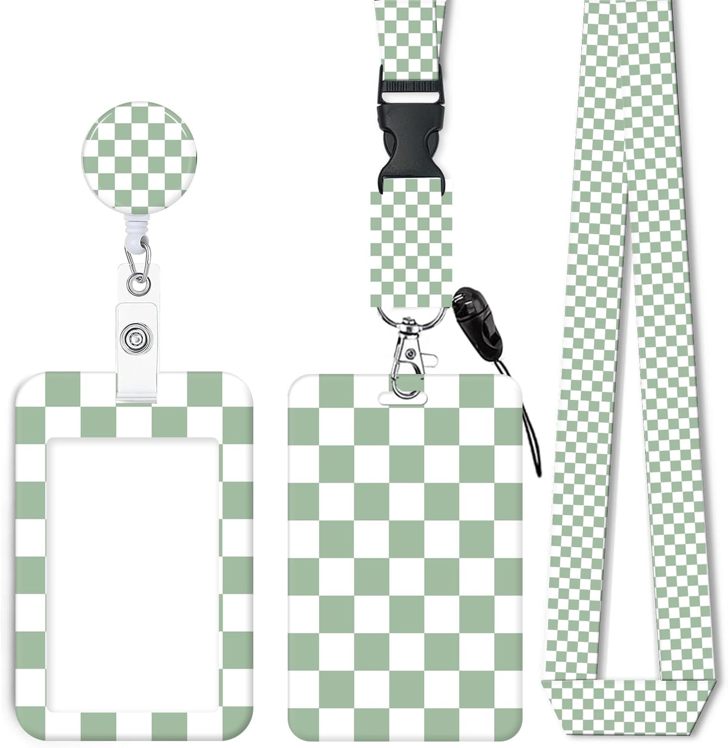 ID Badge Holder with Retractable Lanyard and Keychain, Badge Reel with Rotate Carabiner Clip,Cute Green Checkered Card Name Tag Lanyard ID Protector Bage Clips for Student, Women, Office