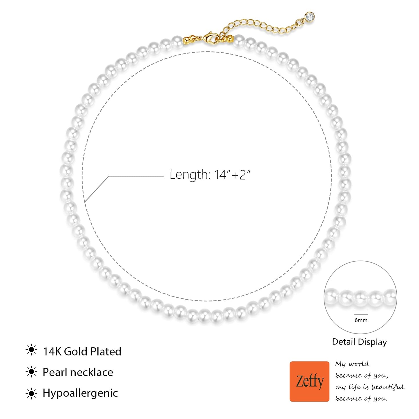 Zeffy Pearl Necklace for Women, 6MM Dainty Gold Round Imitation Pearl Choker Necklace Wedding Delicate Jewelry for Women Simple Bridesmaid Jewelry Gifts