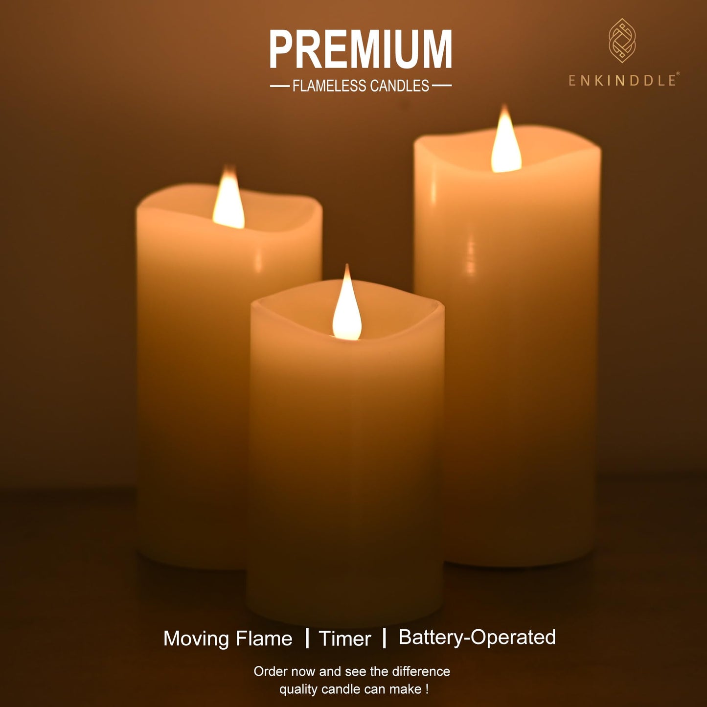 ENKINDDLE Flameless Candles with Timer, 3D Moving Flame LED Pillar Candle, Real Wax Flickering Candle, Battery Operated, Ivory 3"x5"" for Table Centerpiece & Home Décor"