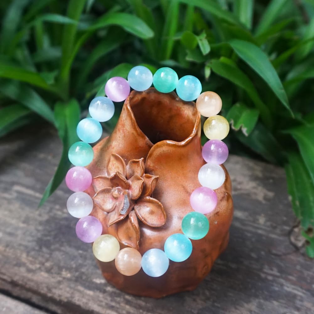 TaHLga 10mm Rainbow Selenite Bracelet - Iridescent Natural Crystal | Handmade Meditation Bracelet with Cat-Eye Effect | Come with Beading Tool Kit - Adjustable to 6.5-8 inches Wrist Size