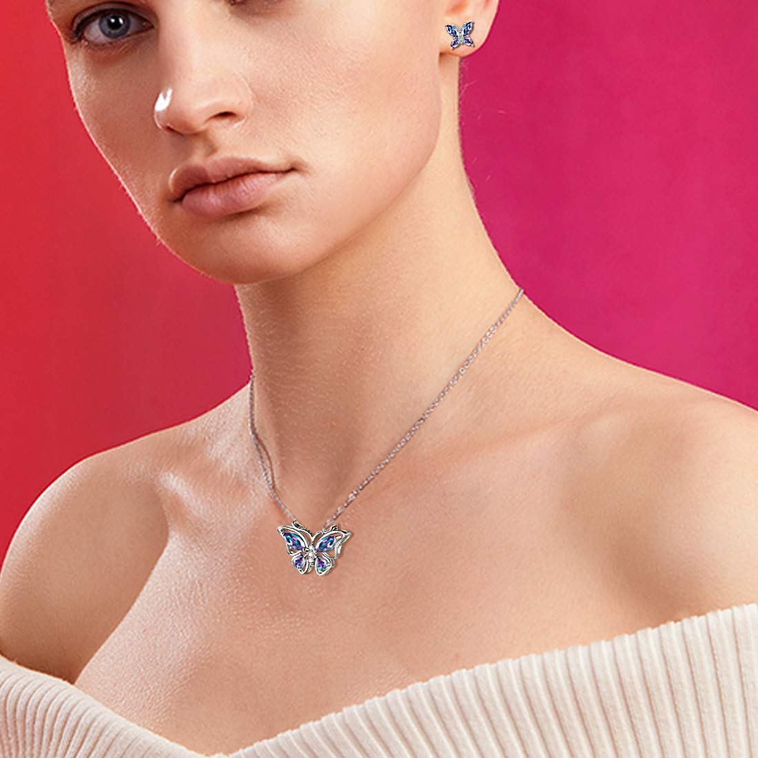 Hipunk Butterfly Mystic-Rainbow-Topaz Jewelry Sets Birthstone Women 925 Sterling Silver Fire-Topaz Birth Stone Animal Butterflies Jewelry Sets/Earring Set Crystal Birthday Jewelry SS0001C