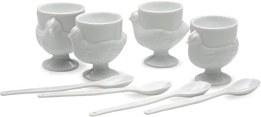 RSVP International Kitchen Accessories Collection Soft Boiled Egg, White Porcelain, Cup & Spoon Set, 8 Piece