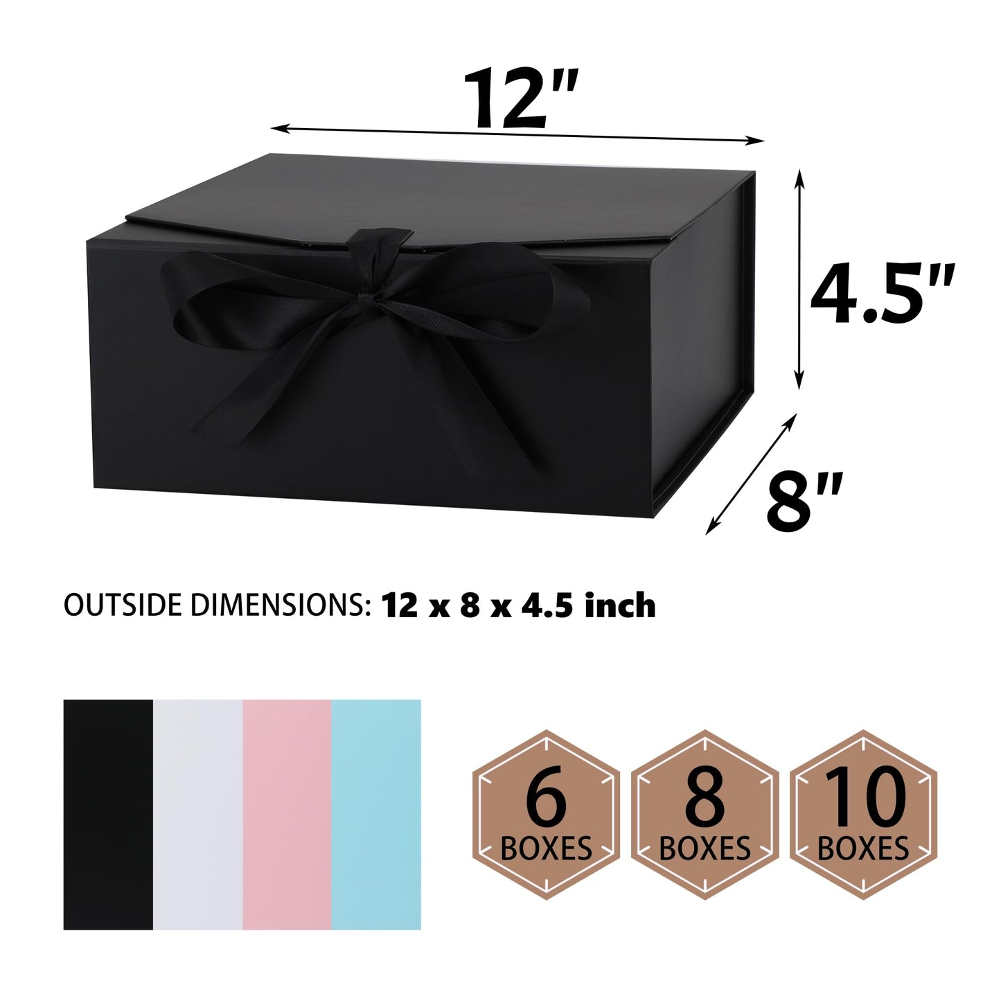 OEMVALATY 6-Pack Gift Boxes,12x8x4.5 Inch Magnetic Gift Boxes with Lids for Presents,Black with Ribbon, Bridesmaid Proposal Box for Wedding, Storage, Birthday
