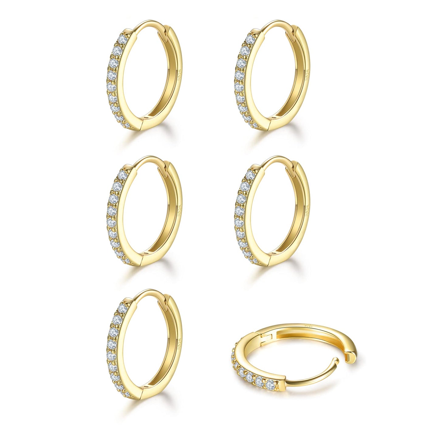 Cartilage Earring Hoop Gold Plated Sterling Silver Small Hoop Earrings Cubic Zirconia Cuff Huggie Mini Piercing for Women 3 Pairs 8mm