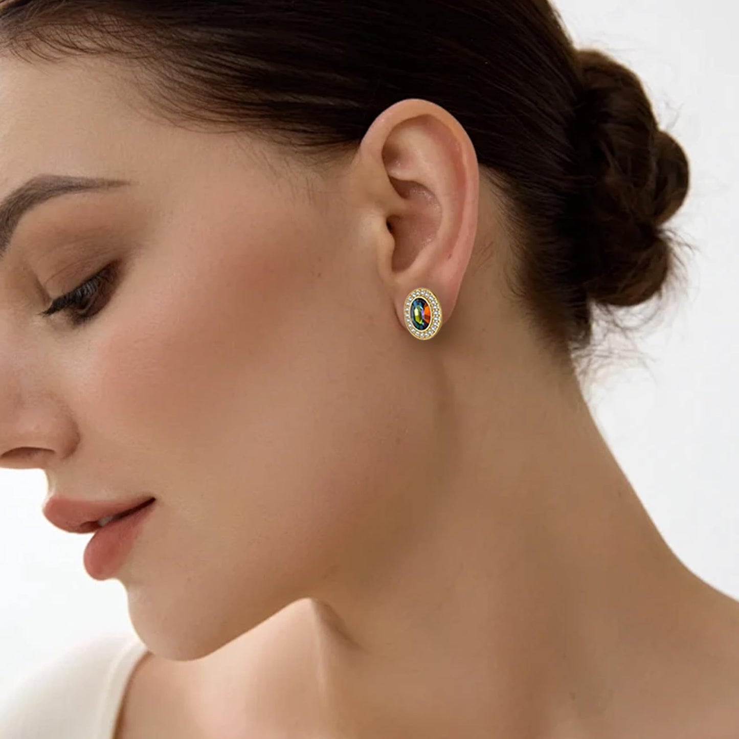 EVEVIC Austrian Crystal Halo Oval Stud Earrings for Women Trendy,14k Gold Plated Hypoallergenic Earring Jewelry Gift (Vitrail Medium)