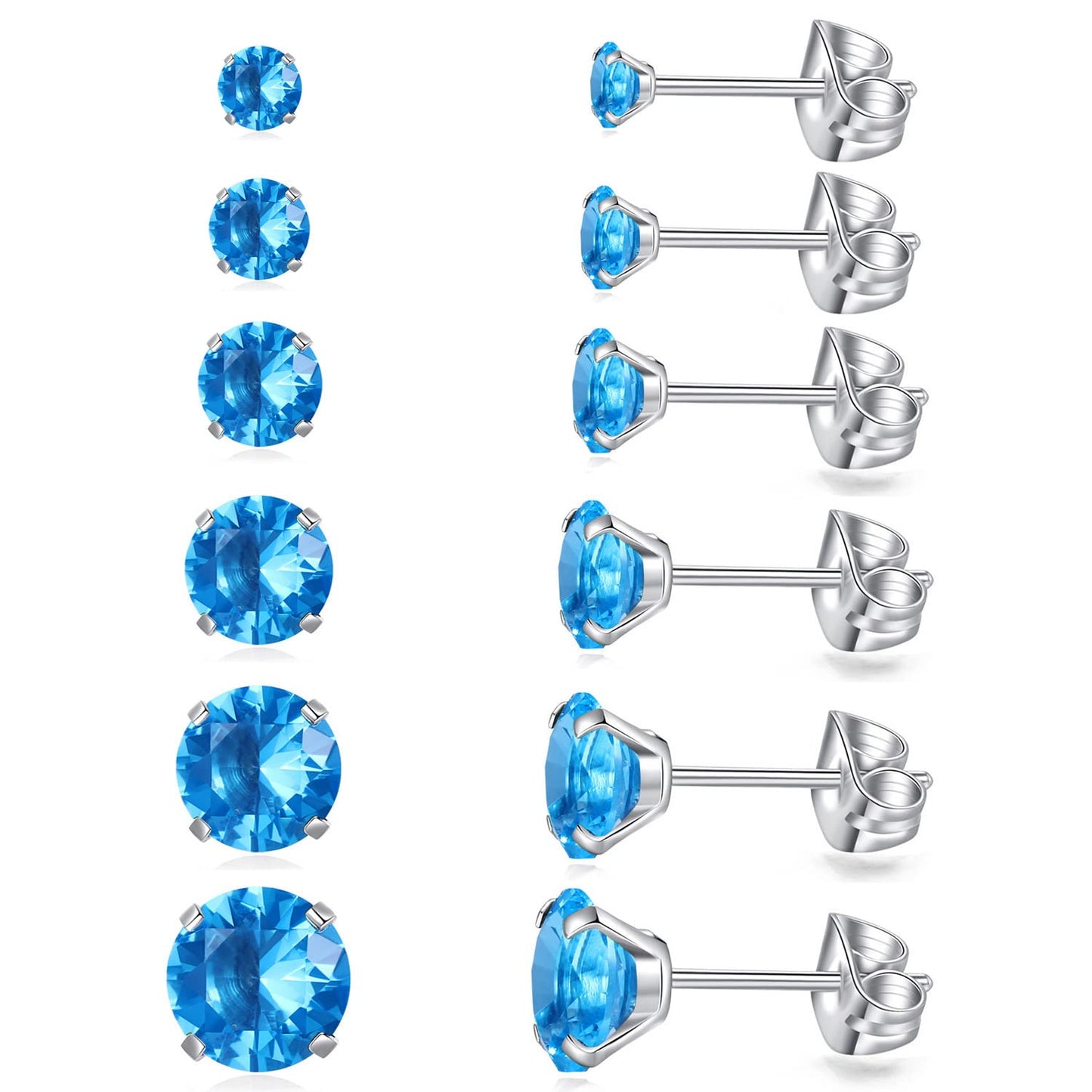 6 Pairs Stud Earrings Set, Hypoallergenic Cubic Zirconia Earrings 316L Stainless Steel CZ Earrings 3-8mm (Sea blue (Light blue) CZ)