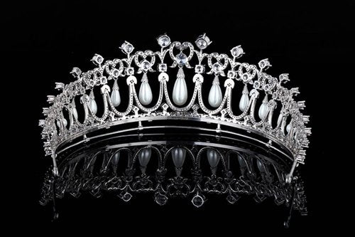 Princess Pearl Crowns Cubic Zirconia Queen Tiaras for Bride Headdress Vintage Birthday Prom Pageant Wedding Tiaras and Crowns Silver Crystal Bridal Hair Accessories (Silver 1)