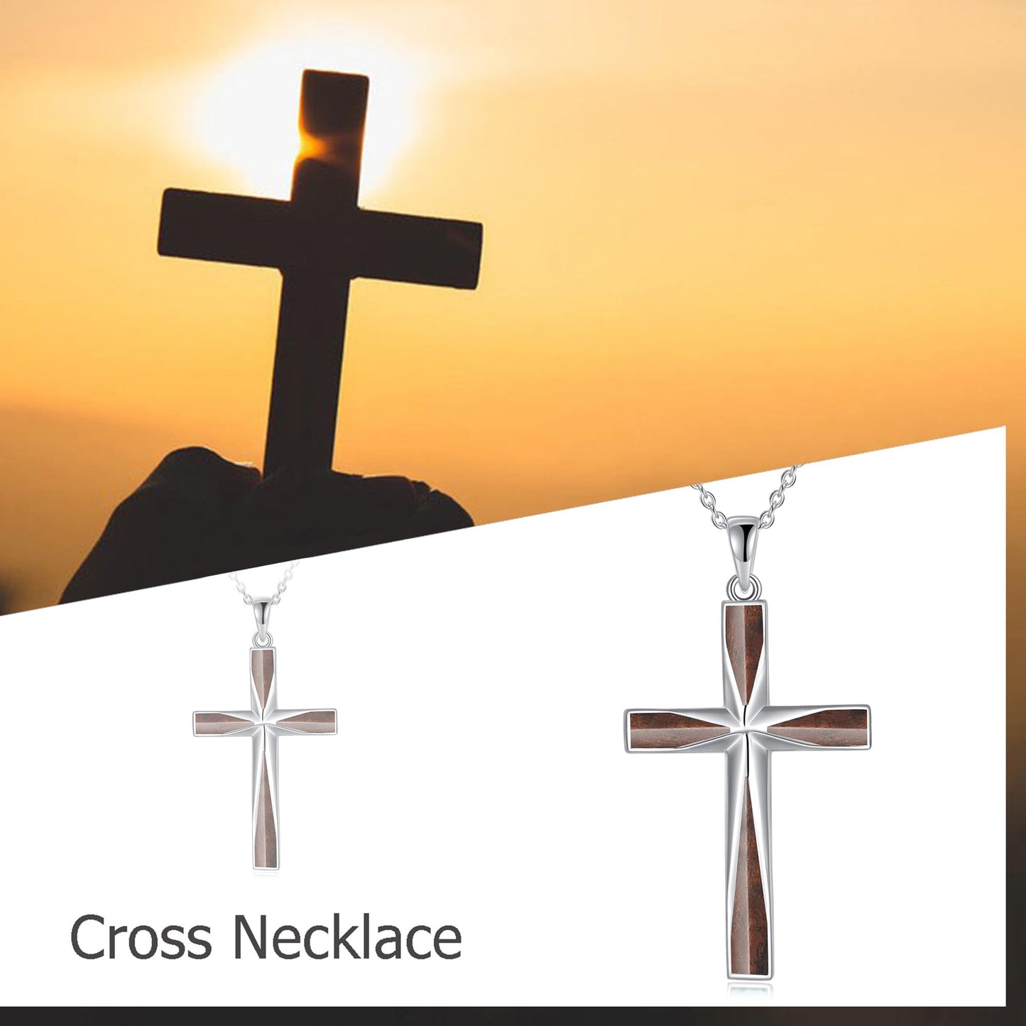 ONEFINITY Religious Wood Cross Necklace Sterling Silver Origami Cross Pendant Gifts for Women Men Jewelry (Wood Cross)