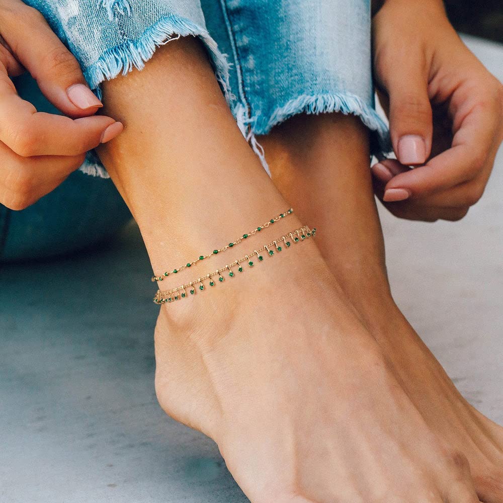 MTMY Gold Anklets for Women 14K Gold Plated Tiny Bead Anklet Green Cubic Zirconia Tassel Foot Chain Dainty Adjustable Cute Anklets Summer Beach Boho Jewelry Gift for women (crystal-green)