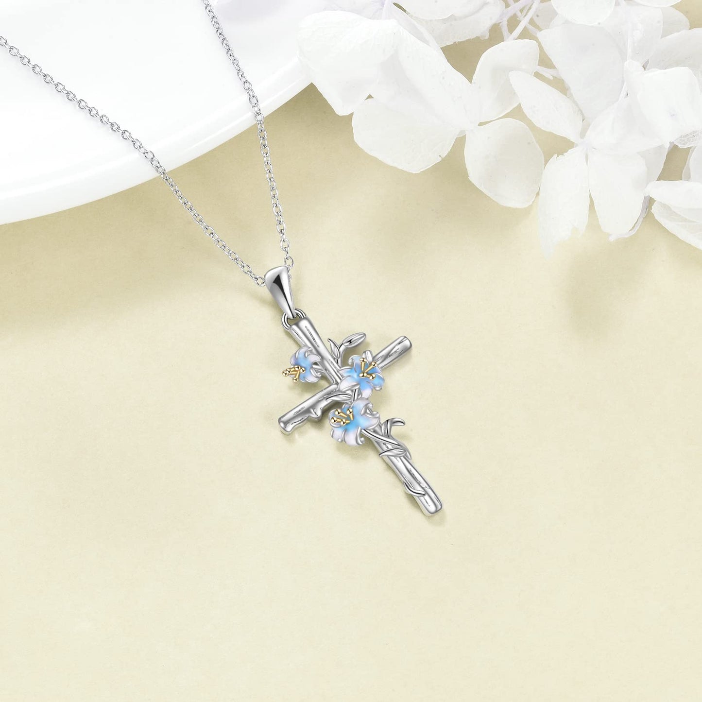 LUHE Women Cross Necklace Sterling Silver religious Lily Flower Cross Pendant Necklace Jewelry Gifts for Women