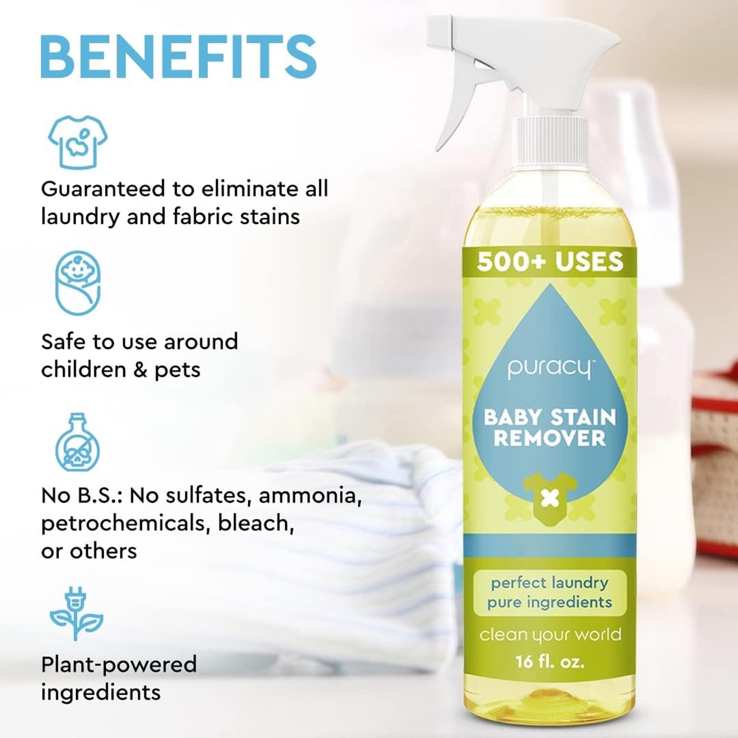 Puracy Stain Remover for Baby Clothes and Cloth Diapers, Newborn Baby Essentials Must Haves, Enzyme-Based Laundry Spray, Natural Spot and Odor Cleaner, 16 Oz