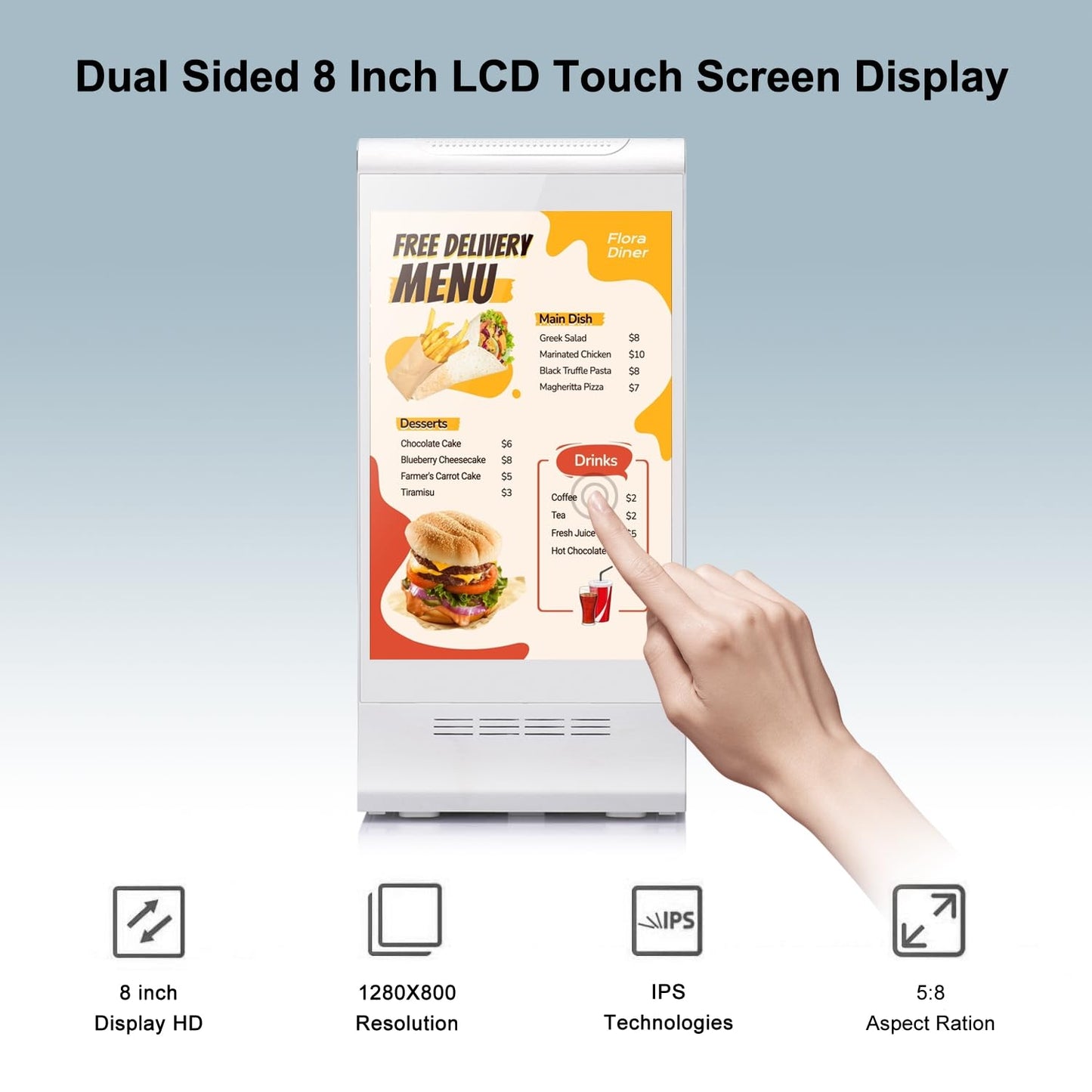 Digital Signage Display for Tabletop ,Interactive Digital Signage with Double 8 inch LCD Touch Screen and WIFI Connected,Rechargeable 23200mAh Battery,Portable Advertising Kiosk for Restaurants,Bar, Hotel ,Cafe (White)