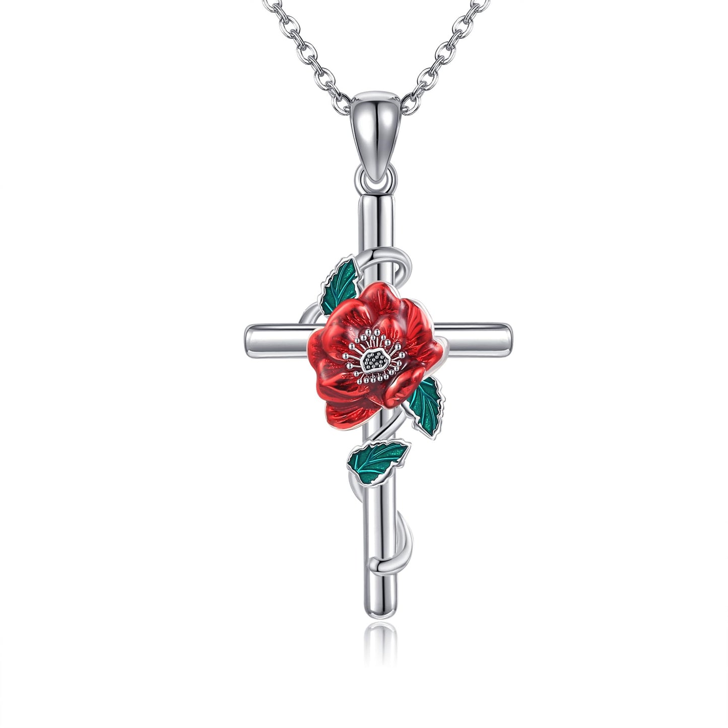 JERWLI Poppy Birth Flower Necklace 925 Sterling Silver Poppy August Birth Flower Pendant Necklace Cross Poppy Jewelry for Women Gifts