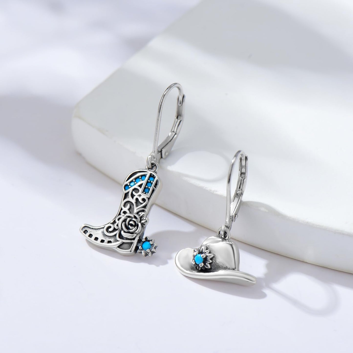 KoyeKei Cowboy Boot Earrings for Women 925 Sterling Silver Cowgirl Hat Texas Boot Dangle Drop Leverback Earrings Western Turquoise Jewelry Country Boho Gifts for Daughter Wife Girlfriend