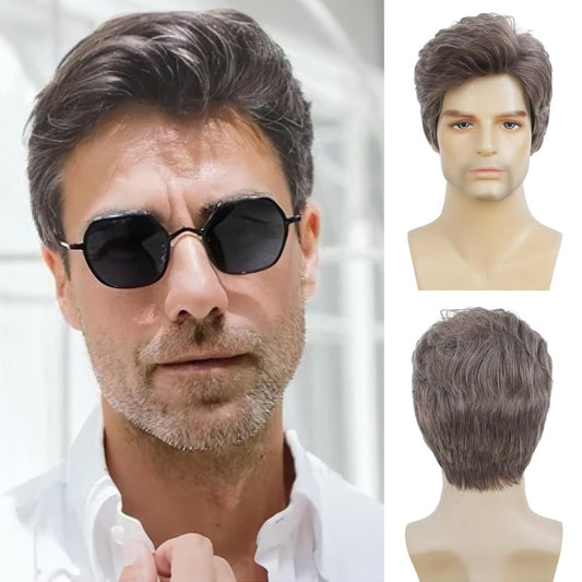 Salaibs Mens Grey Short Wig Natural Synthetic Heat Resistant Wig for Daily Party Use (Brown Mix Grey)