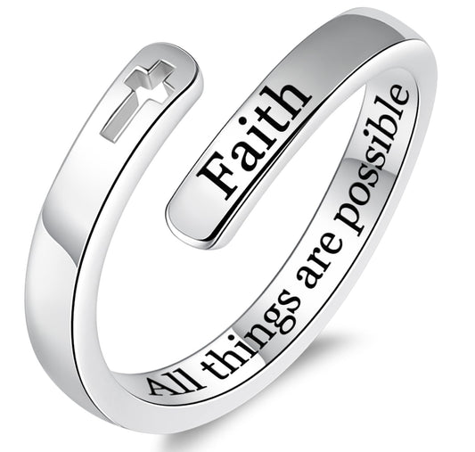 925 Sterling Silver Inspirational Jewelry Adjustable Wrap Open Ring Encouragement Gift for Women(Faith All things are possible)